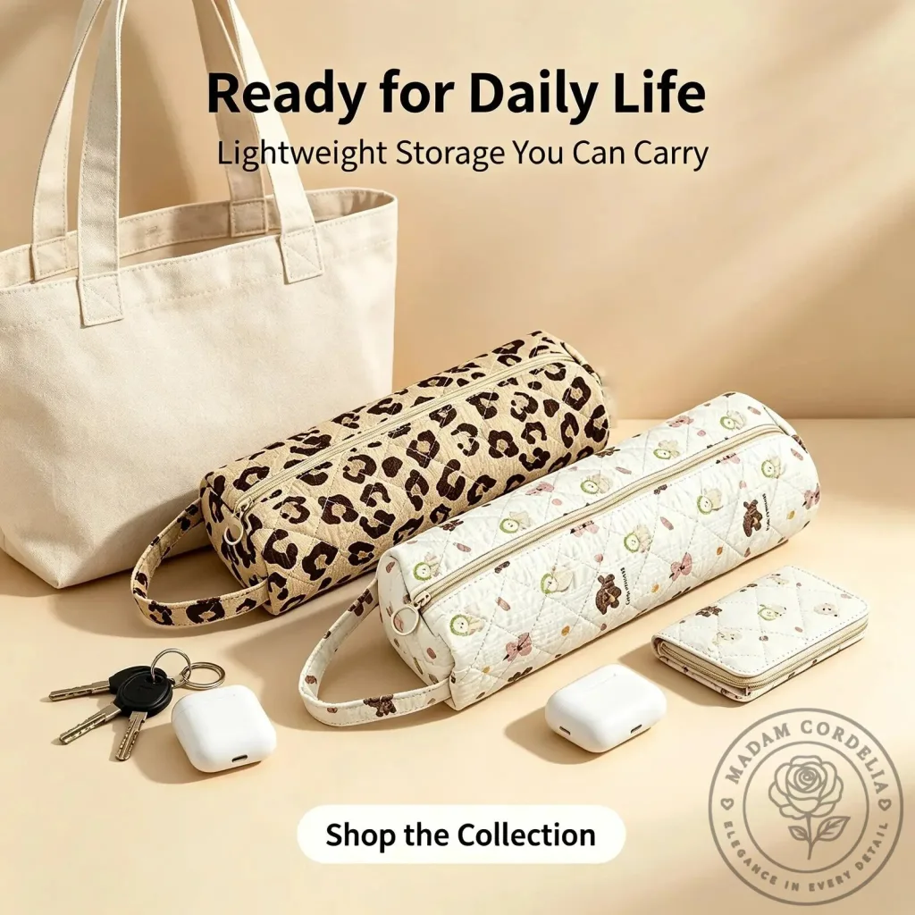 Quilted Makeup Pouch with Zipper and Carry Handle for Travel Essentials Quilted Makeup Pouch with Zipper and Carry Handle for Travel Essentials