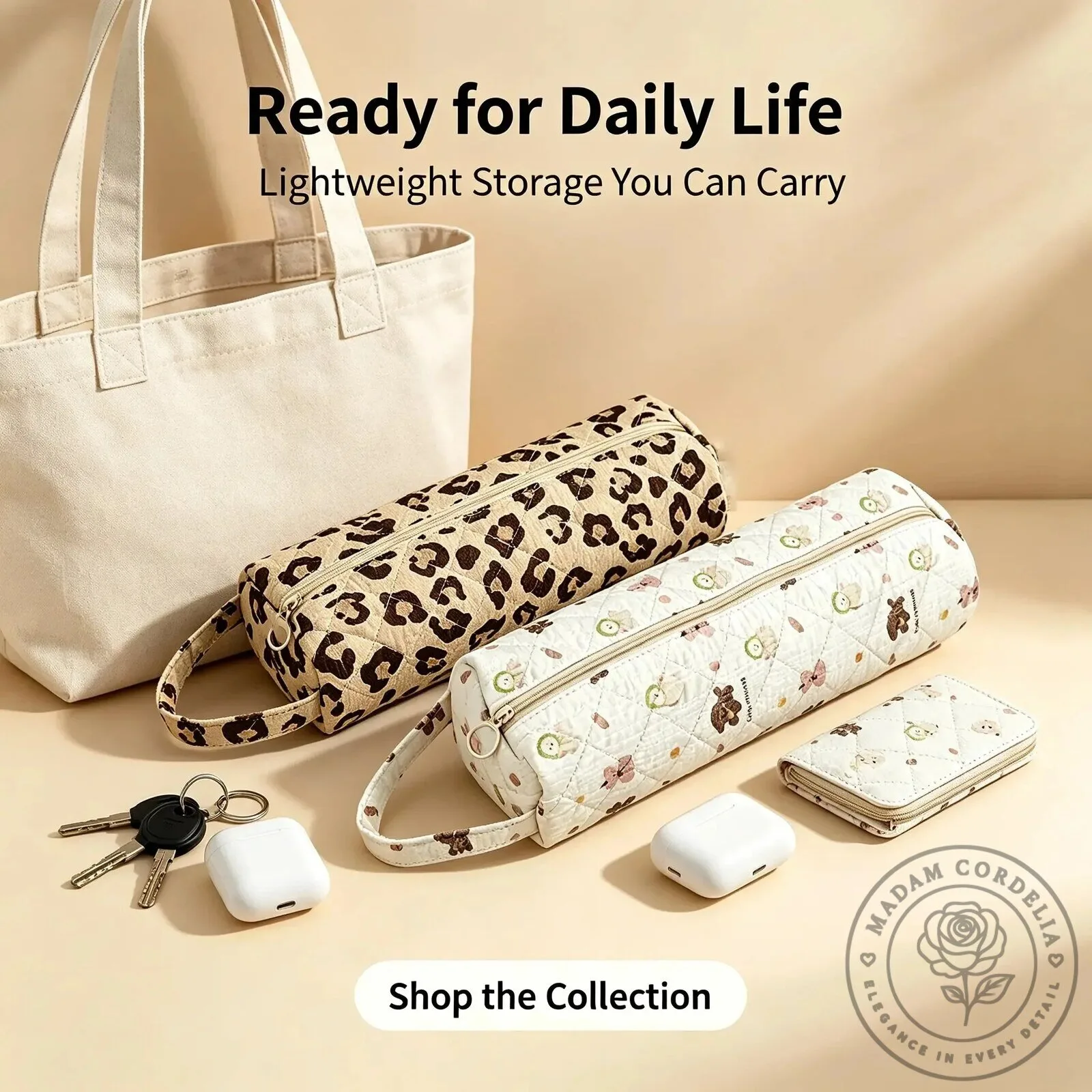 Quilted Makeup Pouch with Zipper and Carry Handle for Travel Essentials