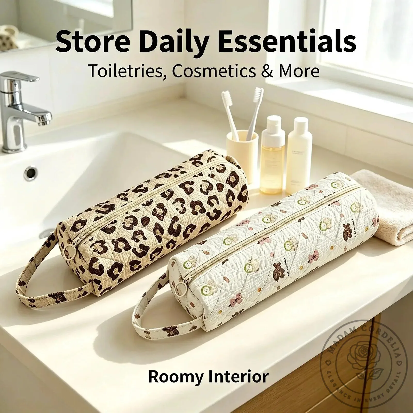 Quilted Makeup Pouch with Zipper and Carry Handle for Travel Essentials 15 Quilted Makeup Pouch with Zipper and Carry Handle for Travel Essentials
