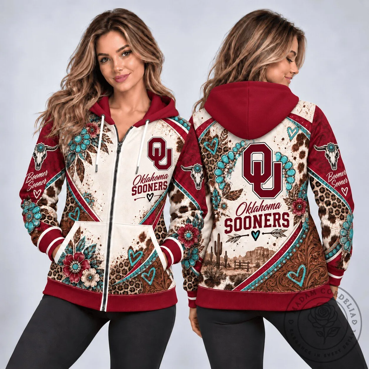 Oklahoma Sooners Western Boho Floral Cow Skull Full-Zip Hoodie