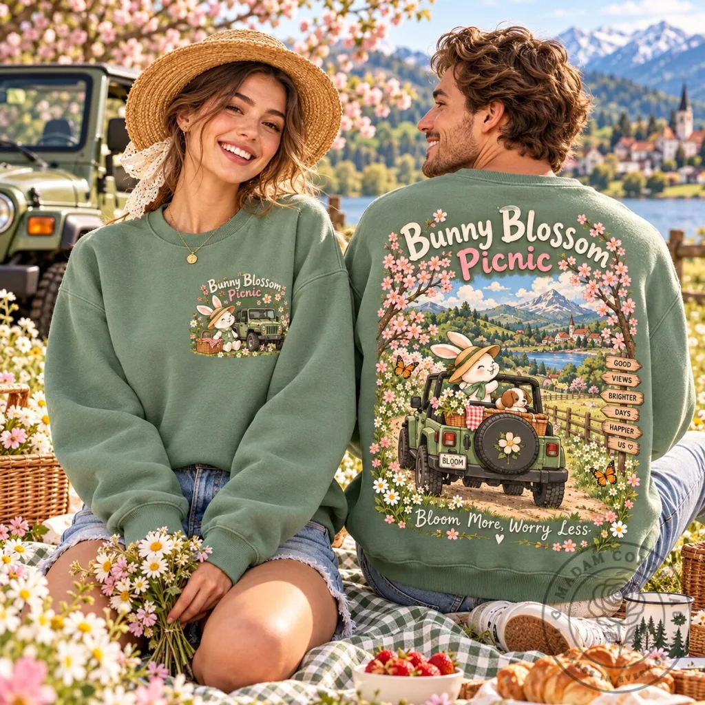 Bunny Blossom Picnic Mountain Adventure Sweatshirt for Springtime Bunny Blossom Picnic Mountain Adventure Sweatshirt for Springtime