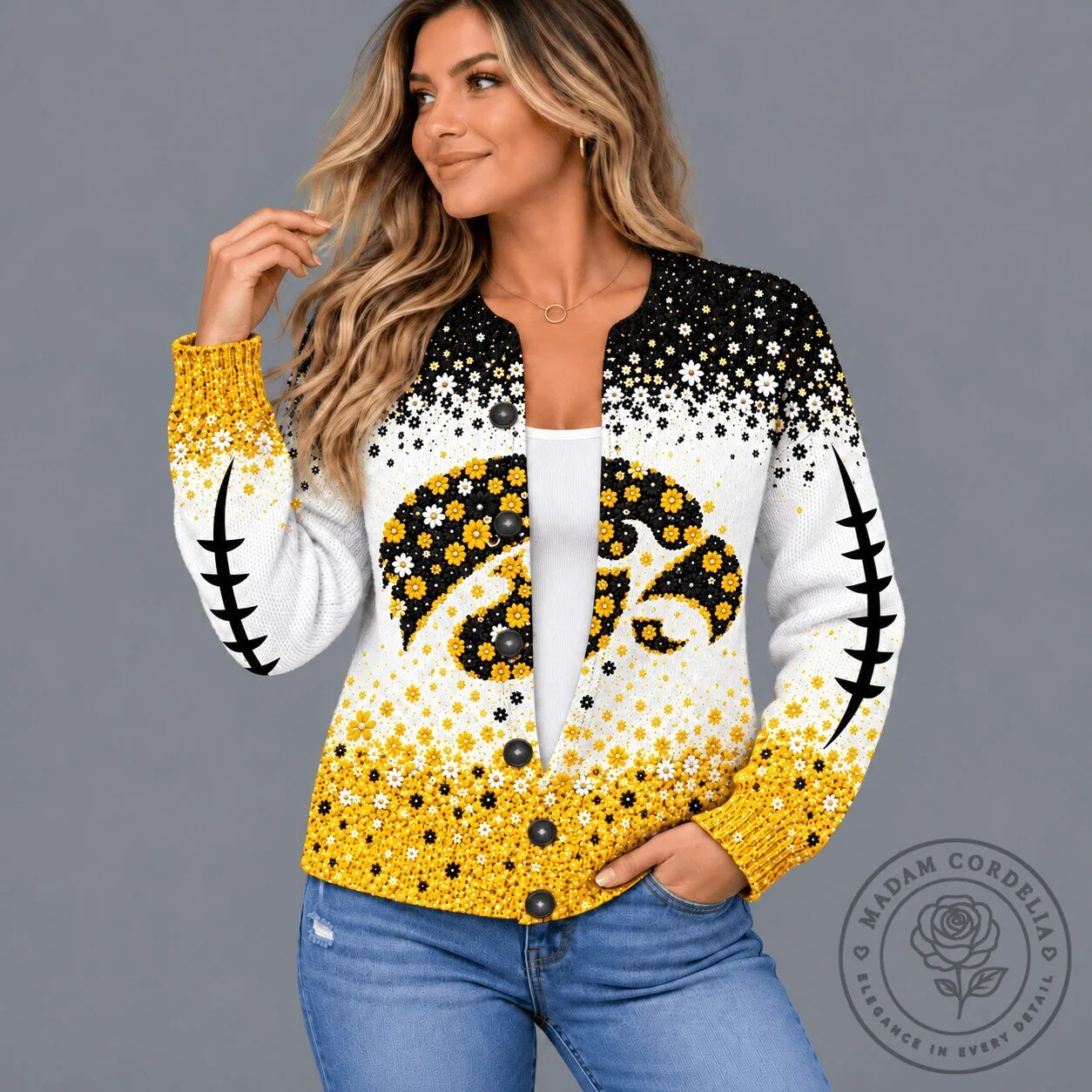 Iowa Hawkeyes Floral Heritage Black and Gold NCAA Cardigan Sweater