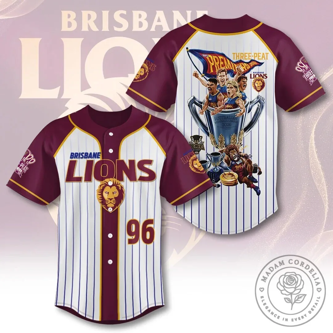 Brisbane Lions 2026 AFL Premiers Three-Peat Celebration Baseball Jersey 2 Brisbane Lions 2026 AFL Premiers Three-Peat Celebration Baseball Jersey