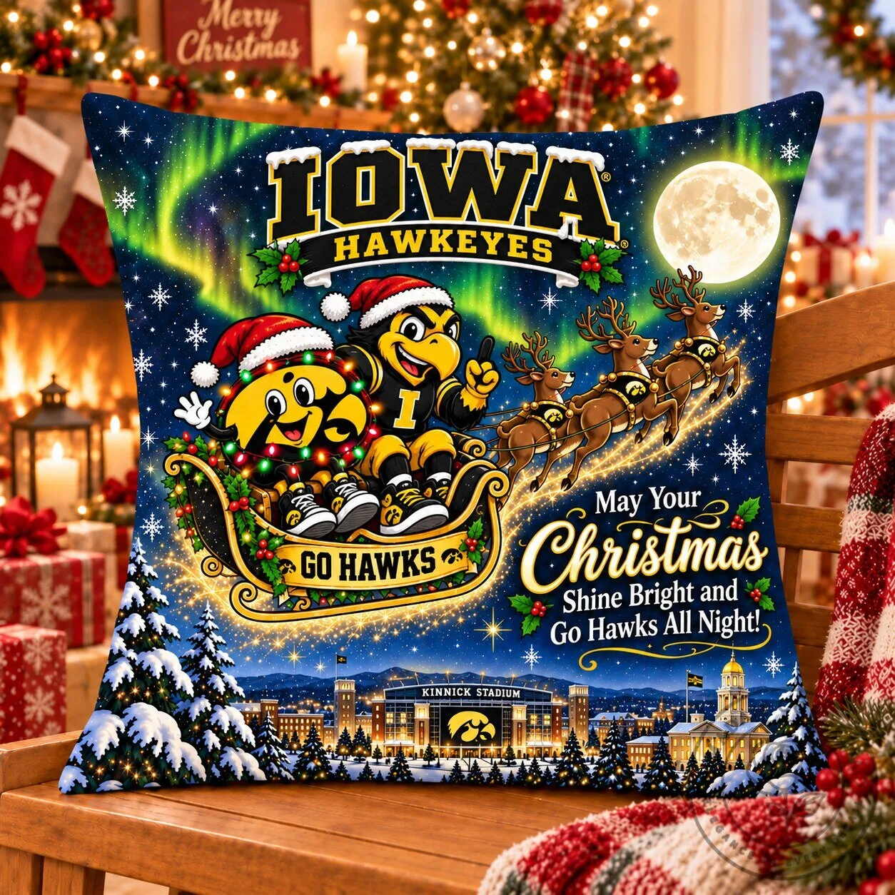 Iowa Hawkeyes Magical Christmas Night Flight Decorative Pillow