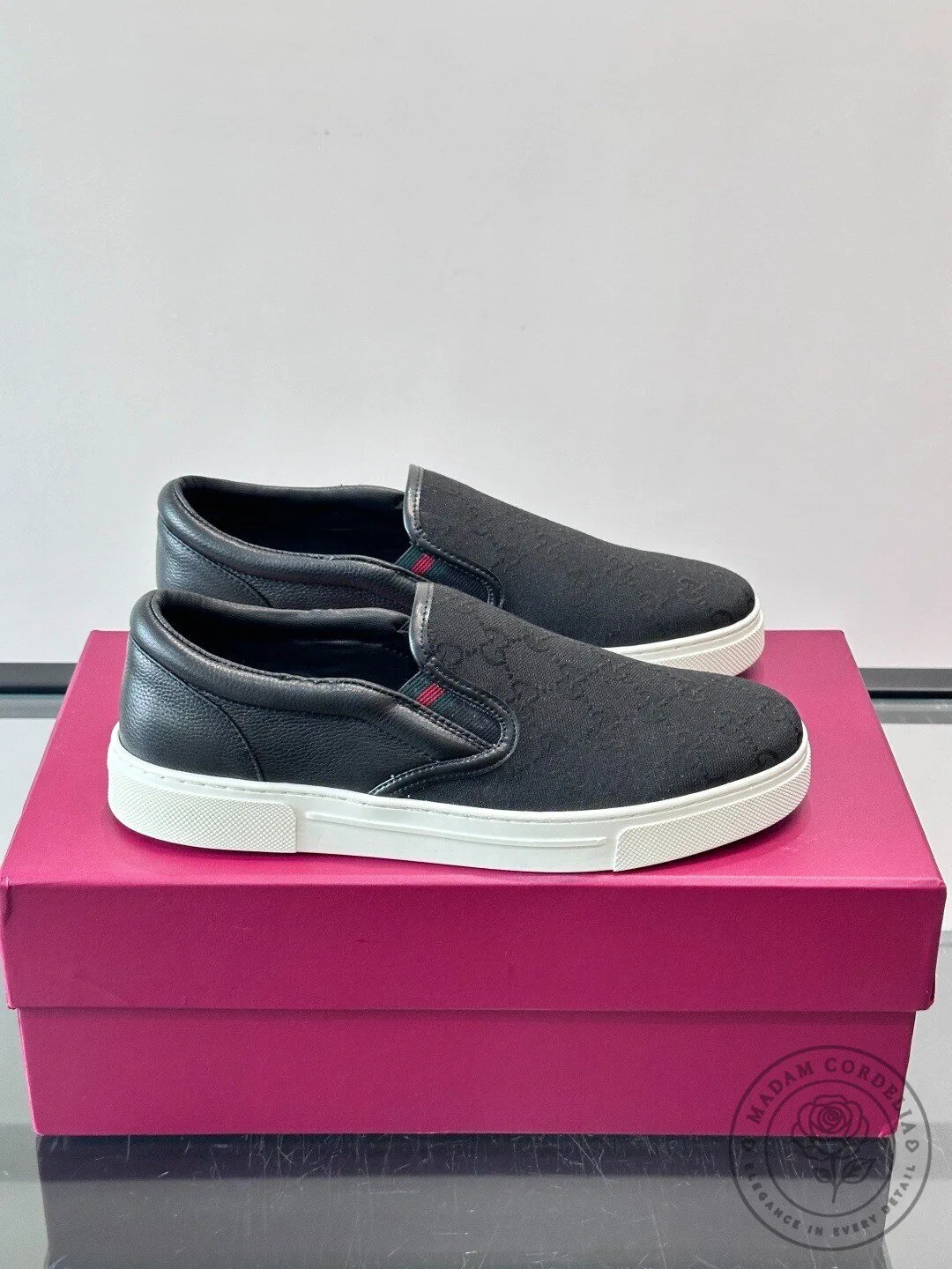 Gucci Black Monogram Canvas Slip-On Sneakers with Web Stripe Detail 9 Gucci Black Monogram Canvas Slip-On Sneakers with Web Stripe Detail