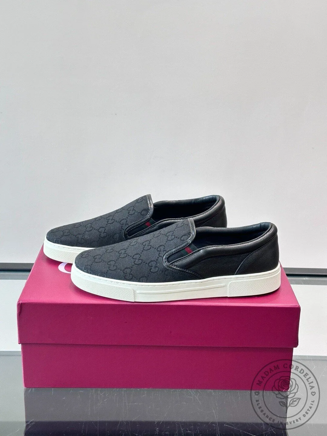 Gucci Black Monogram Canvas Slip-On Sneakers with Web Stripe Detail 10 Gucci Black Monogram Canvas Slip-On Sneakers with Web Stripe Detail