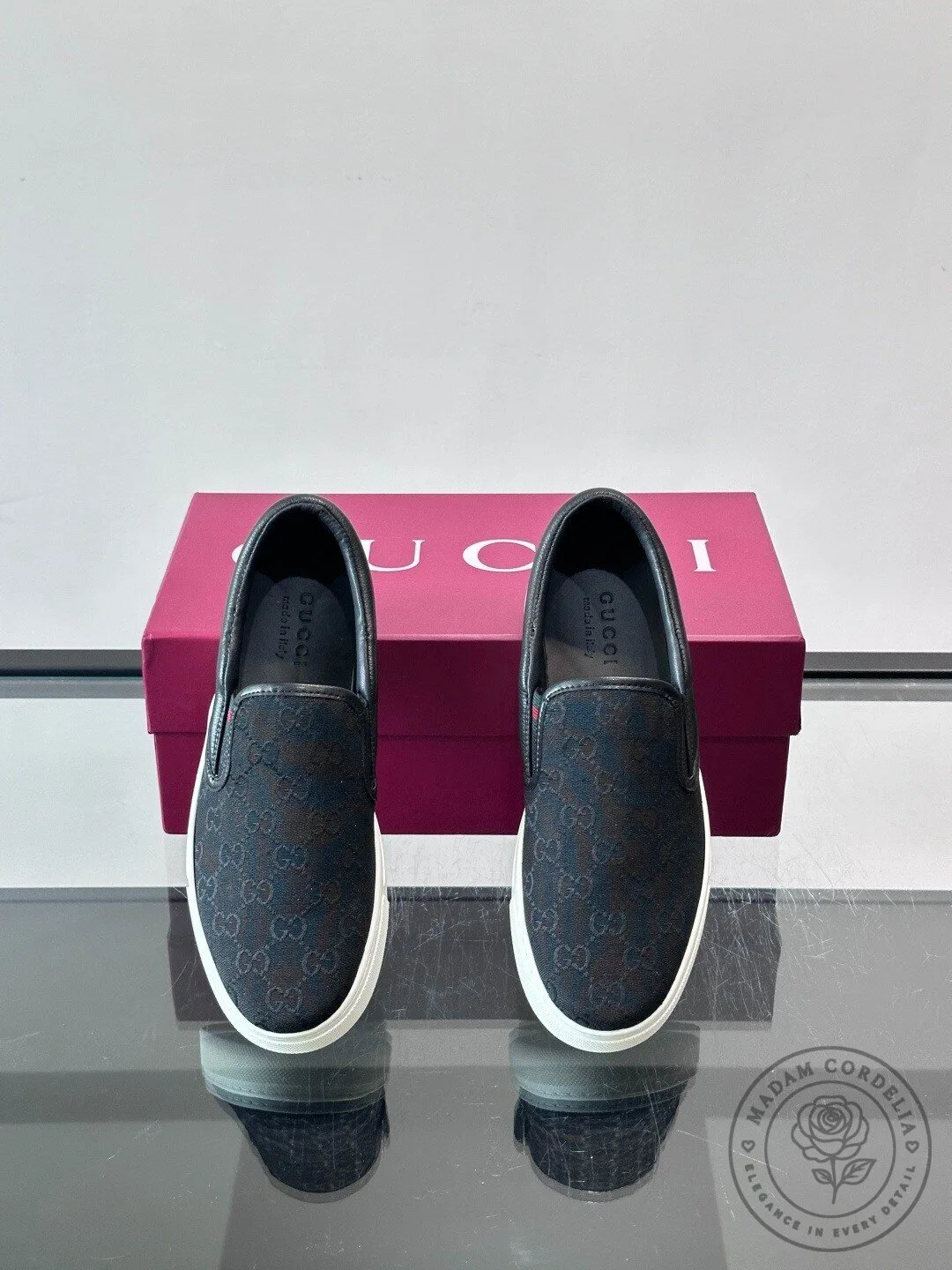 Gucci Black Monogram Canvas Slip-On Sneakers with Web Stripe Detail 11 Gucci Black Monogram Canvas Slip-On Sneakers with Web Stripe Detail
