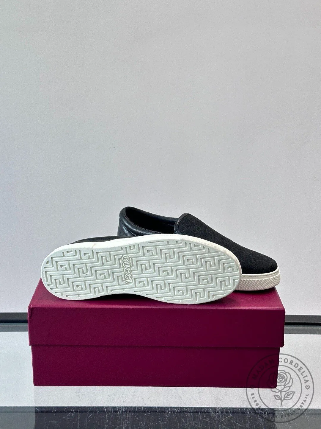 Gucci Black Monogram Canvas Slip-On Sneakers with Web Stripe Detail 13 Gucci Black Monogram Canvas Slip-On Sneakers with Web Stripe Detail