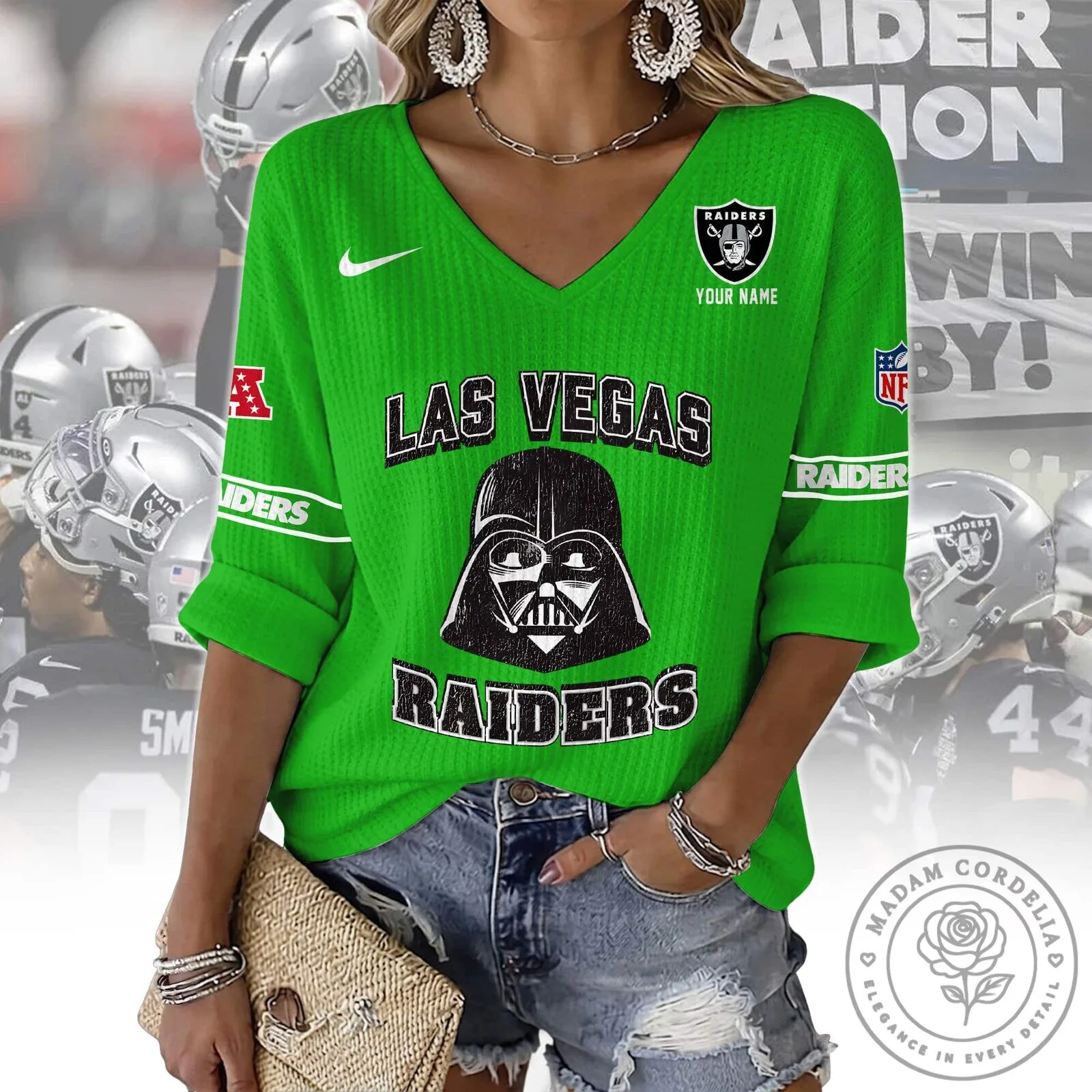 Las Vegas Raiders Darth Vader Star Wars Green Women's V-Neck Sweatshirt 1 Las Vegas Raiders Darth Vader Star Wars Green Women's V-Neck Sweatshirt
