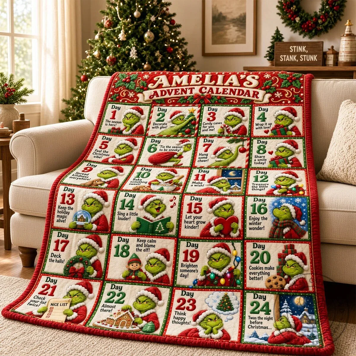 Personalized Grinch Christmas Advent Calendar Blanket Holiday Gift