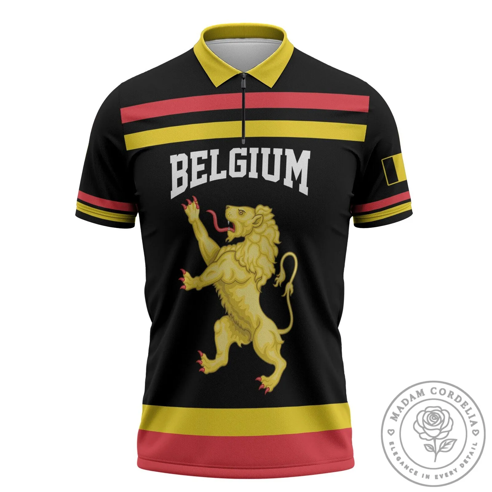 Belgium National Football Team Lion Crest Black and Red Stripe Polo Shirt
