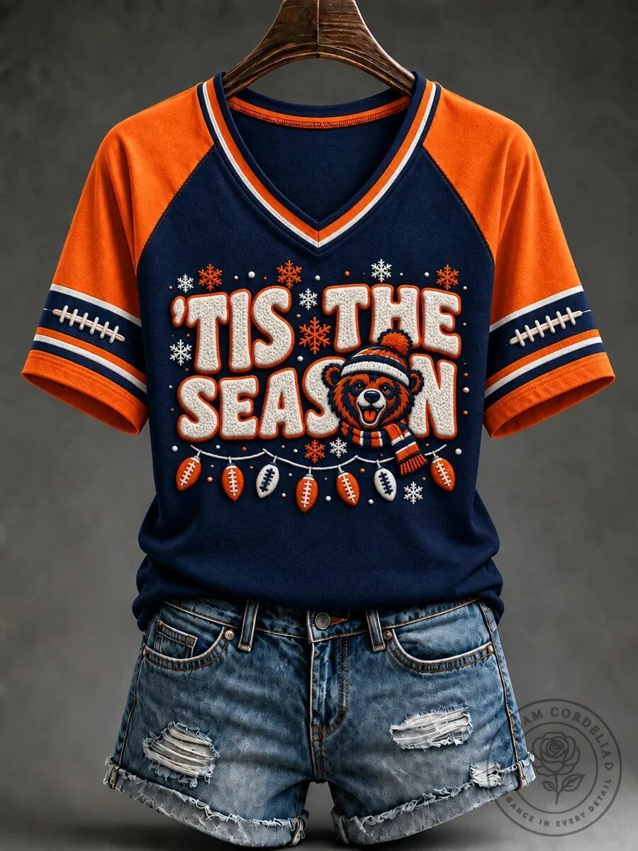 Football Gameday Tis The Season Bear Christmas V-Neck T-Shirt