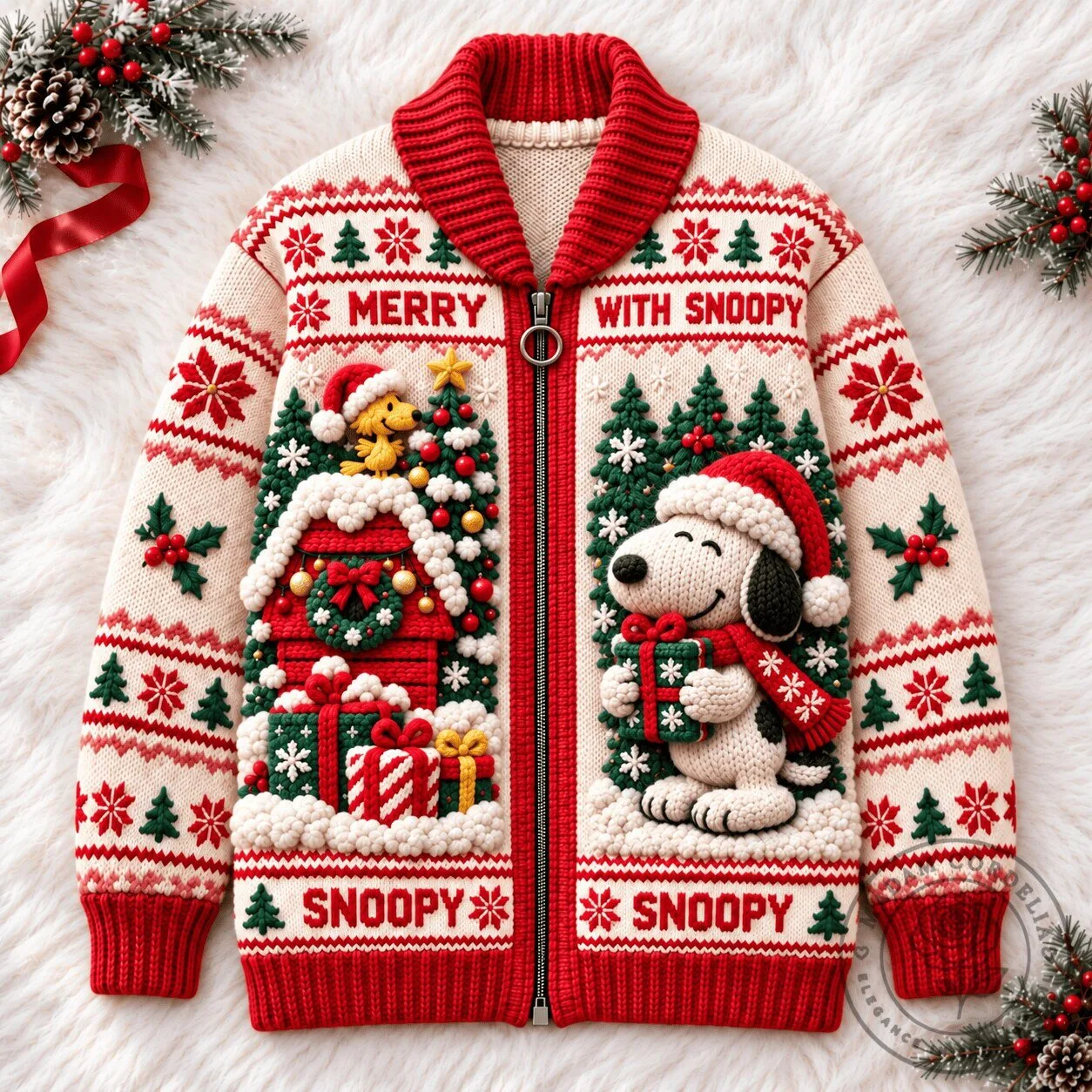Snoopy Merry Christmas Holiday Knitted Zip-Up Cardigan Sweater