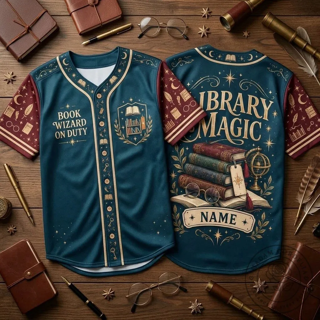 Personalized School Librarian Library Magic Book Wizard Baseball Jersey
