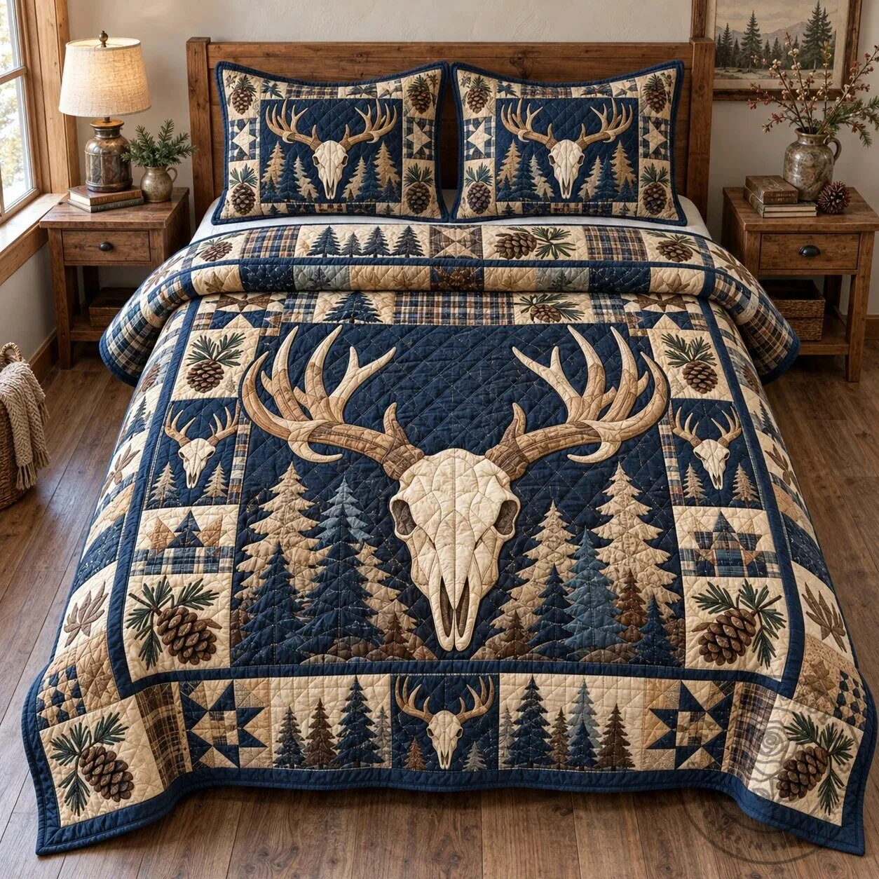 Rustic Deer Skull and Pine Cone Quilted Bedding Set
