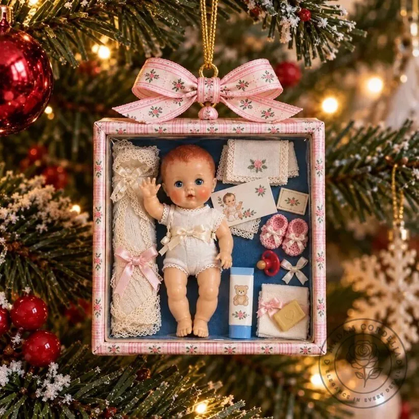 Vintage Baby Doll Gift Box Christmas Ornament