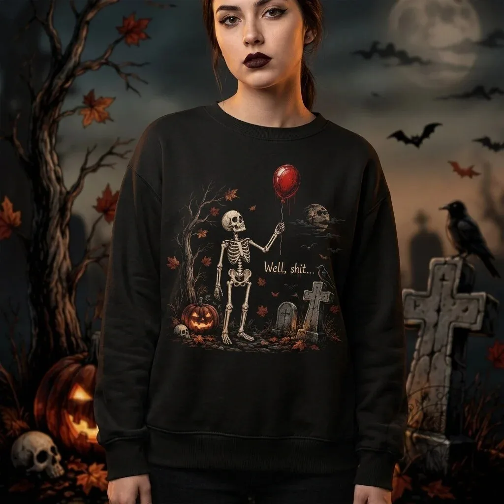Funny Halloween Skeleton Holding Red Balloon "Well, Shit" Sweatshirt