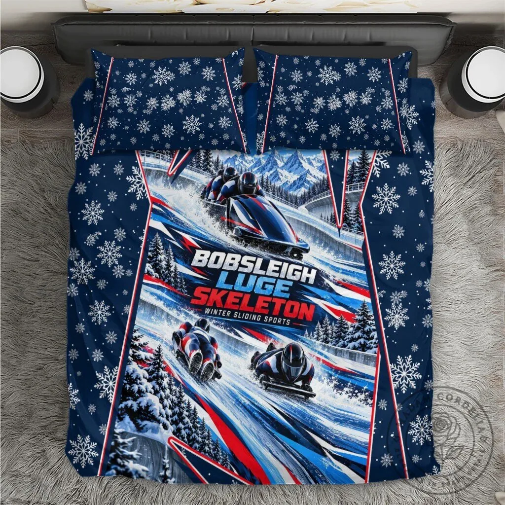 Winter Sliding Sports Bobsleigh Luge Skeleton Snowflakes Bedding Set