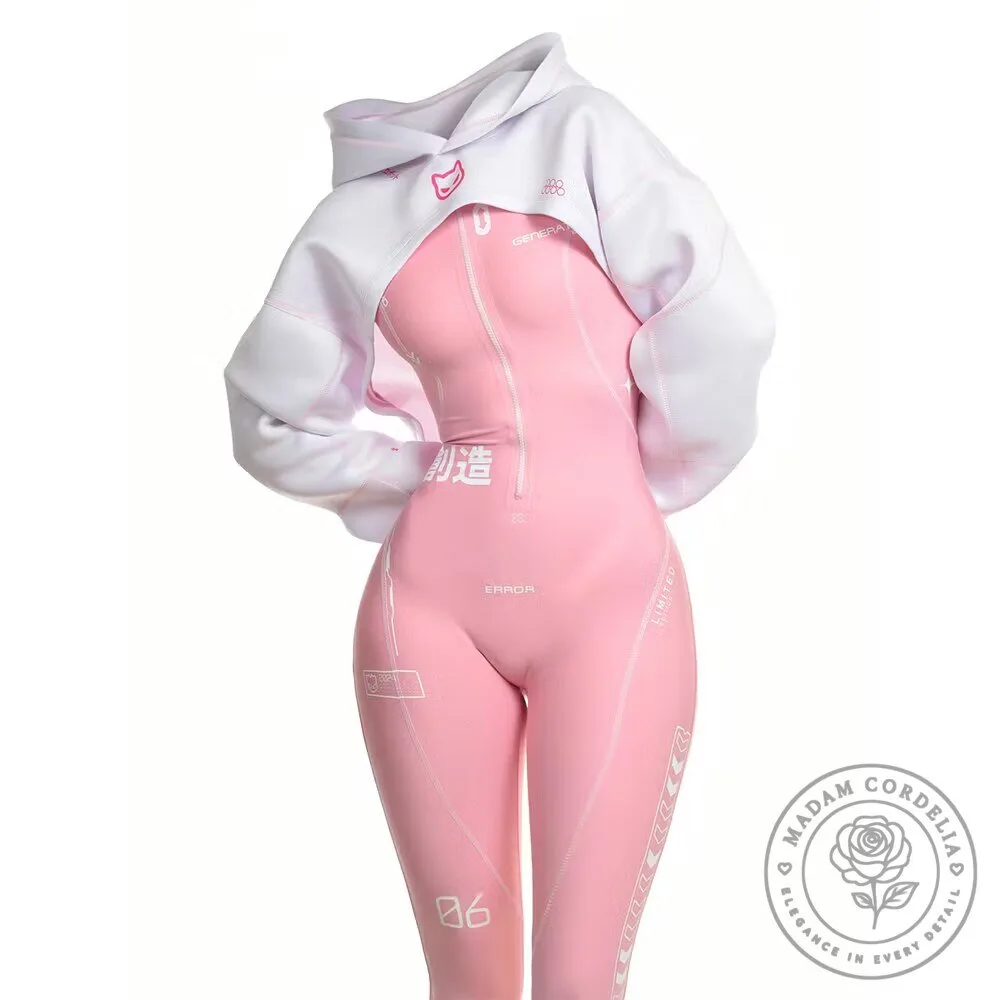 Futuristic Cyberpunk Pink Women's Full-Body Jumpsuit with Cropped Hoodie