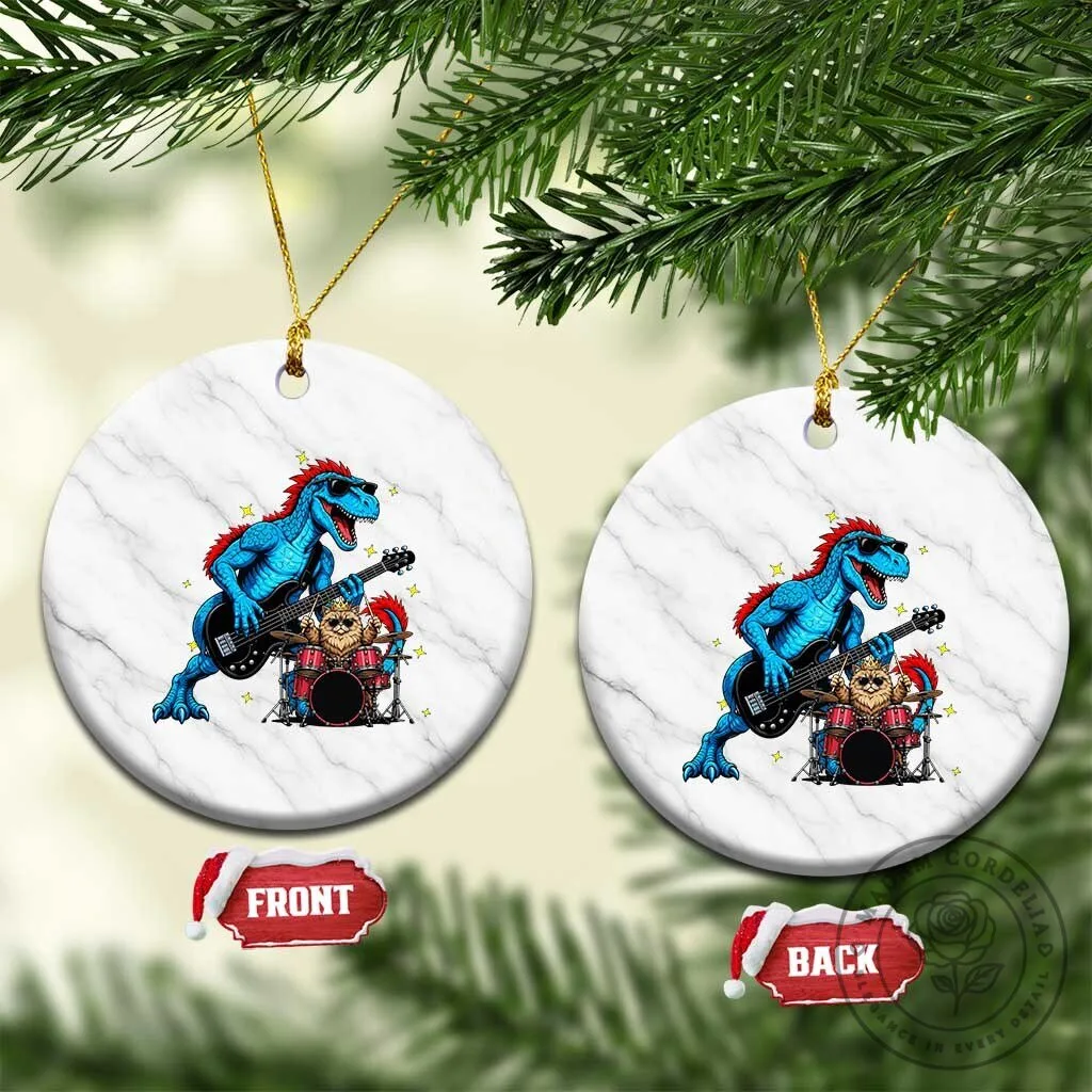 Funny Rock Band Dinosaur Bassist Cat Drummer Christmas Tree Holiday Ornament