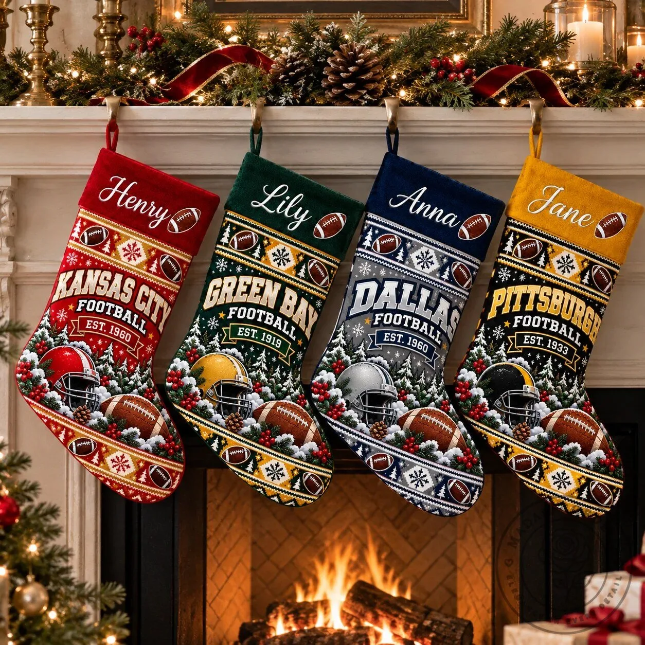 Personalized Football Team Christmas Stocking, Custom Name Holiday Fireplace Decor