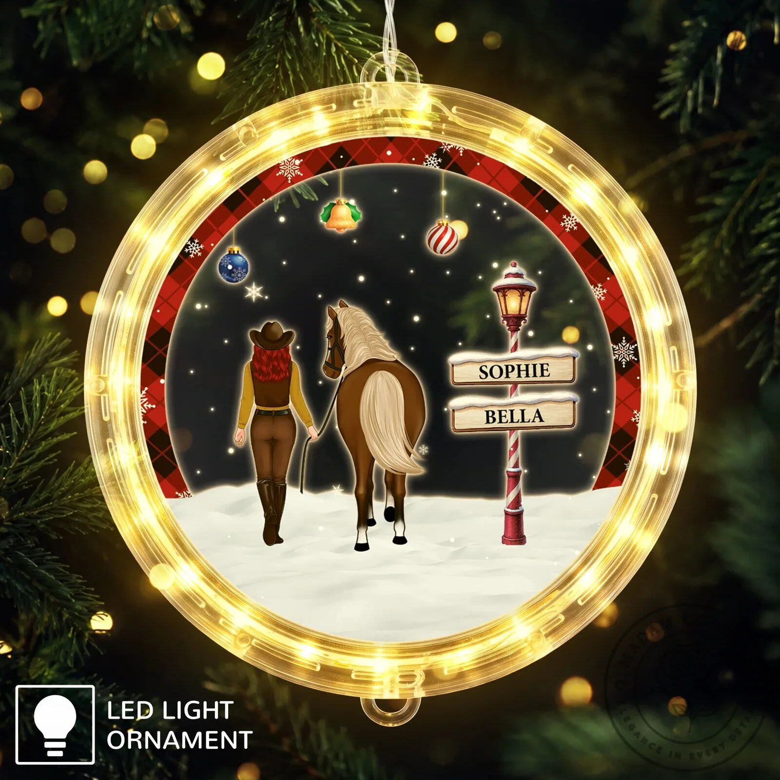 Personalized Horse Lover LED Light Ornament with Custom Names and Winter Scene