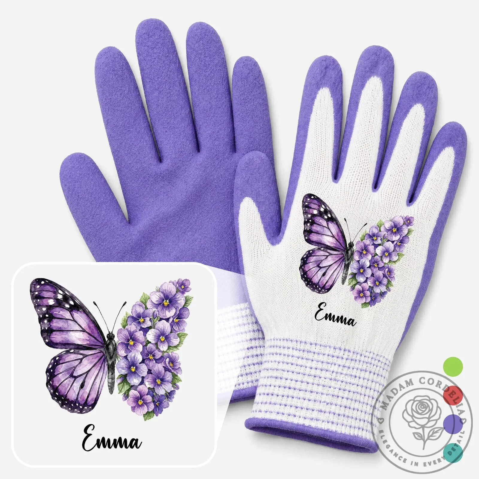 Personalized Purple Butterfly and Flowers Gardening Gloves Custom Name Gift