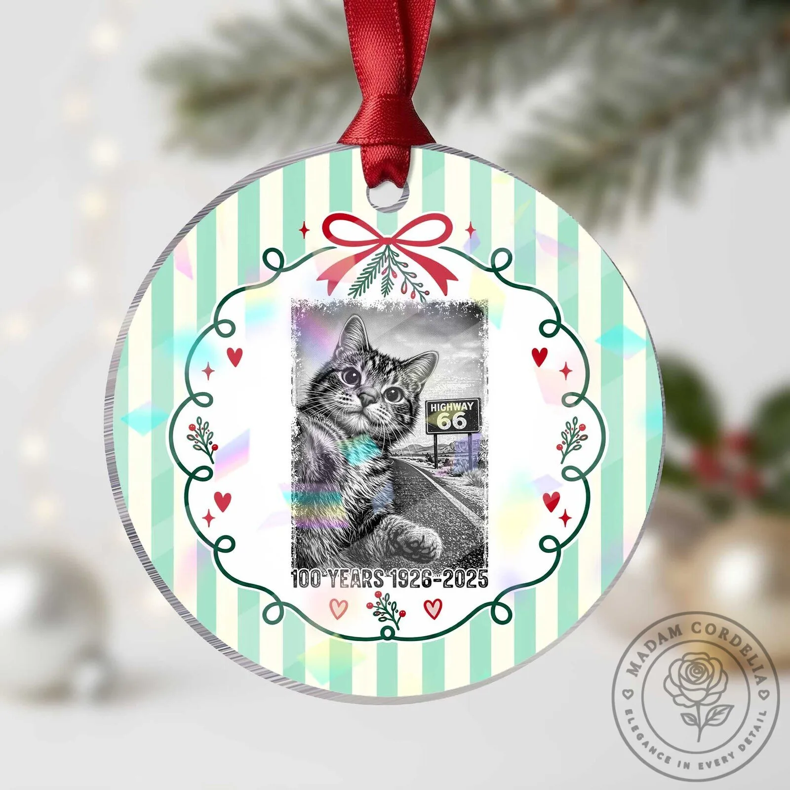 Funny Cat Selfie Route 66 Highway Centennial 1926-2025 Christmas Tree Ornament