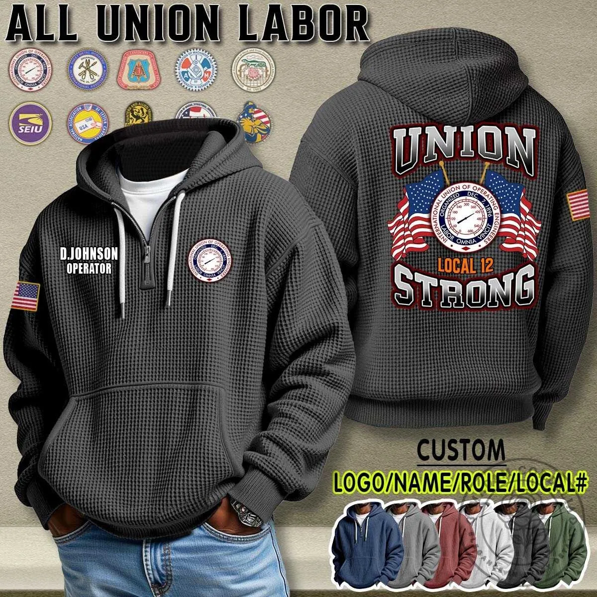 Union Labor Strong Dual Flag Personalized Waffle Knit Hoodie