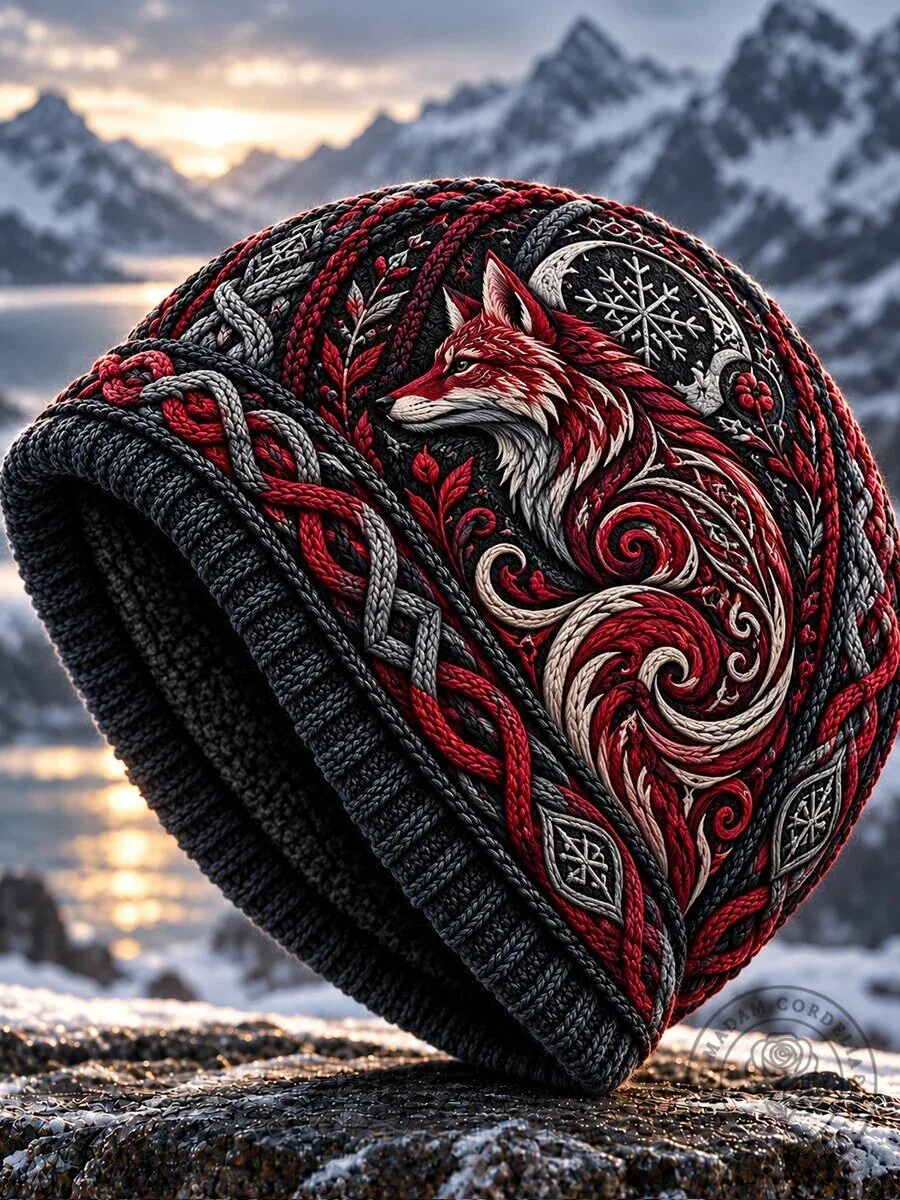 Nordic Fox Winter Beanie Hat with Celtic Knot and Snowflake Design
