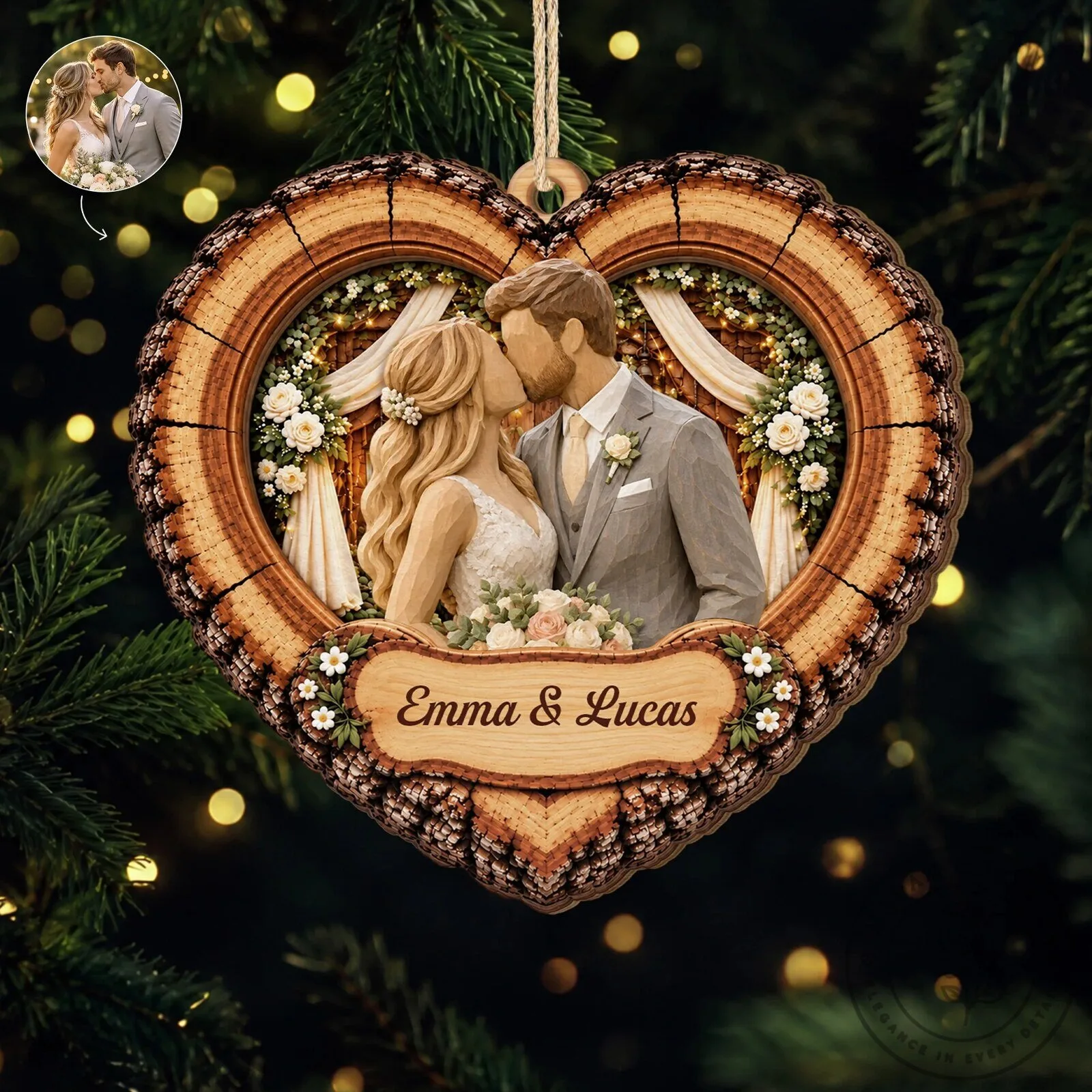 Personalized Wedding Couple Photo Heart Shaped Wood Christmas Ornament 6 Personalized Wedding Couple Photo Heart Shaped Wood Christmas Ornament