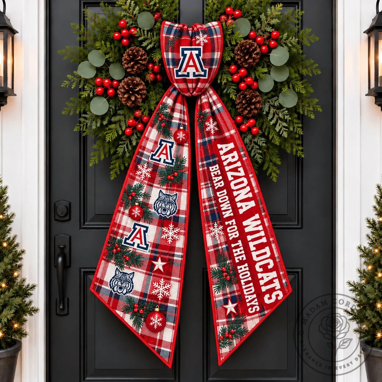 Arizona Wildcats Christmas Wreath Sash with Bear Down for the Holidays Design