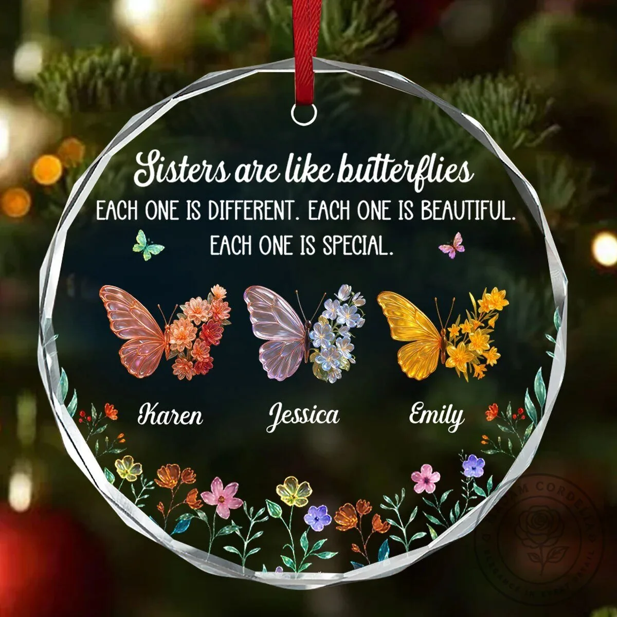Personalized Sisters Are Like Butterflies Quote Glass Christmas Tree Ornament 8 Personalized Sisters Are Like Butterflies Quote Glass Christmas Tree Ornament