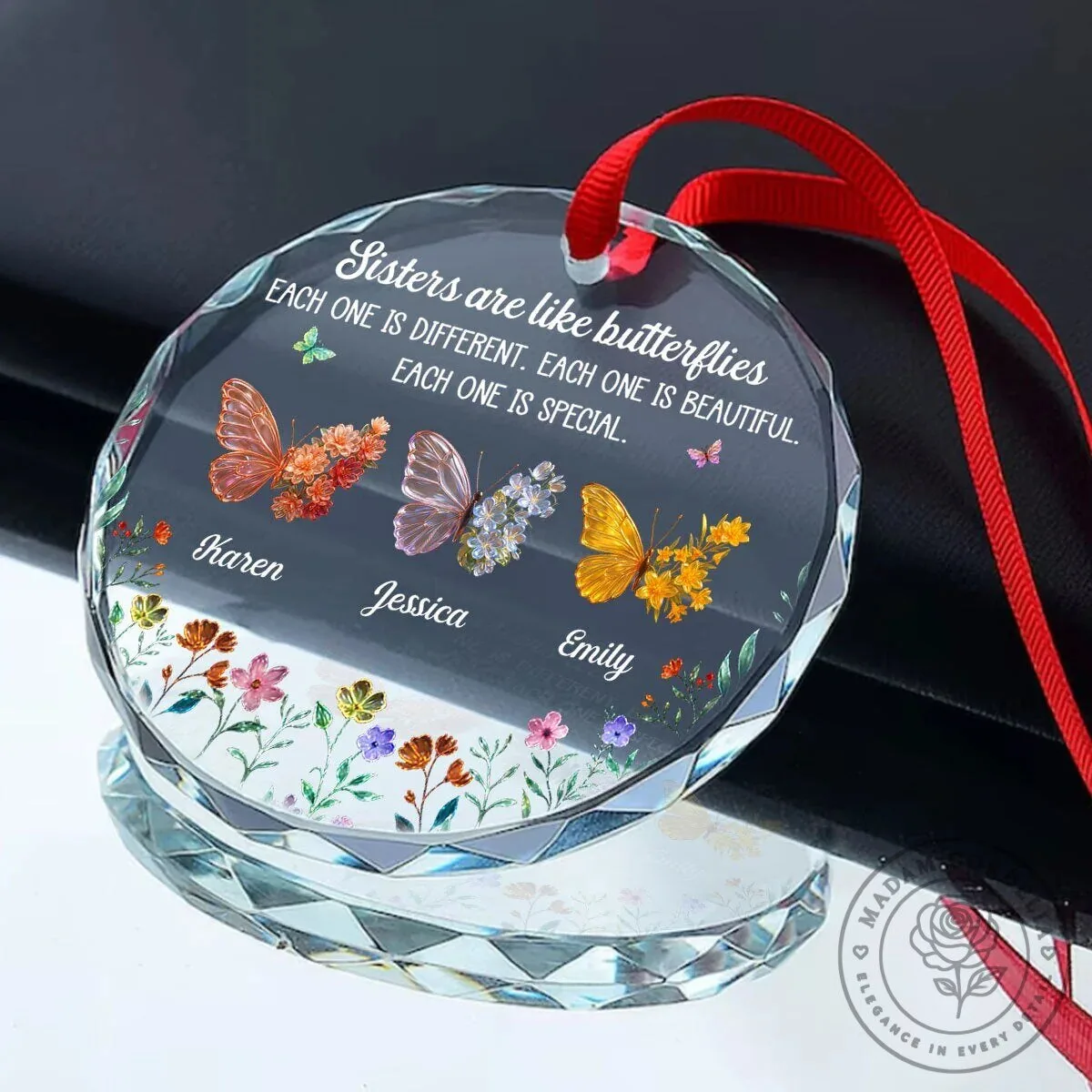 Personalized Sisters Are Like Butterflies Quote Glass Christmas Tree Ornament 10 Personalized Sisters Are Like Butterflies Quote Glass Christmas Tree Ornament