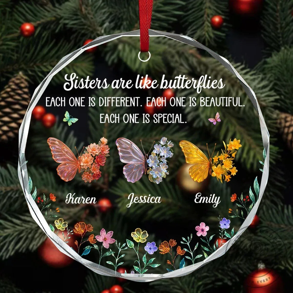 Personalized Sisters Are Like Butterflies Quote Glass Christmas Tree Ornament 11 Personalized Sisters Are Like Butterflies Quote Glass Christmas Tree Ornament