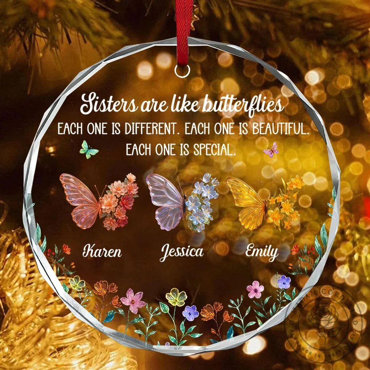 Personalized Sisters Are Like Butterflies Quote Glass Christmas Tree Ornament 12 Personalized Sisters Are Like Butterflies Quote Glass Christmas Tree Ornament