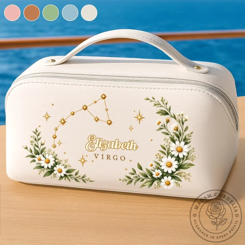 Personalized Virgo Zodiac Sign Floral Daisy Makeup Bag for Women Personalized Virgo Zodiac Sign Floral Daisy Makeup Bag for Women