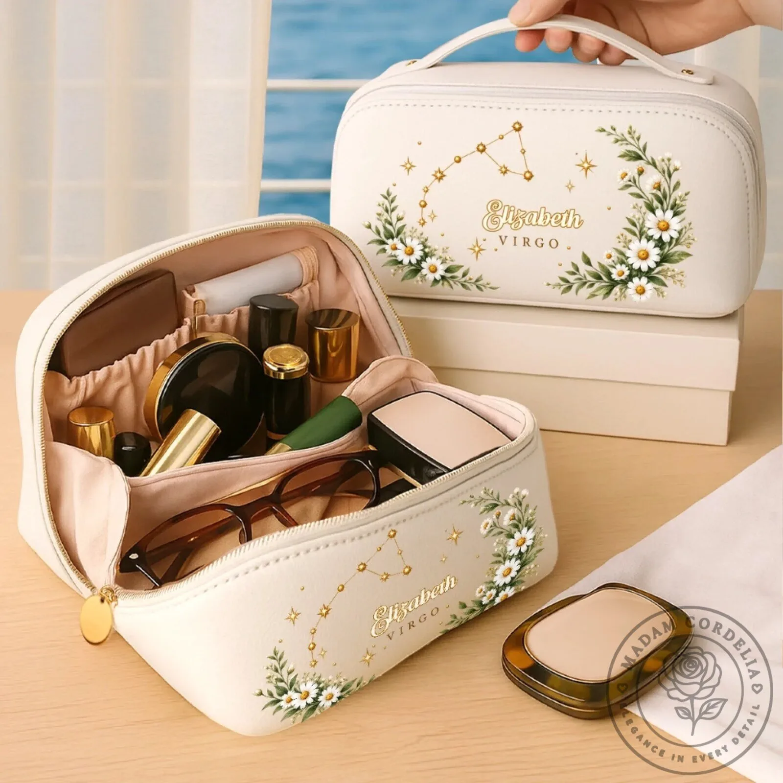 Personalized Virgo Zodiac Sign Floral Daisy Makeup Bag for Women 7 Personalized Virgo Zodiac Sign Floral Daisy Makeup Bag for Women