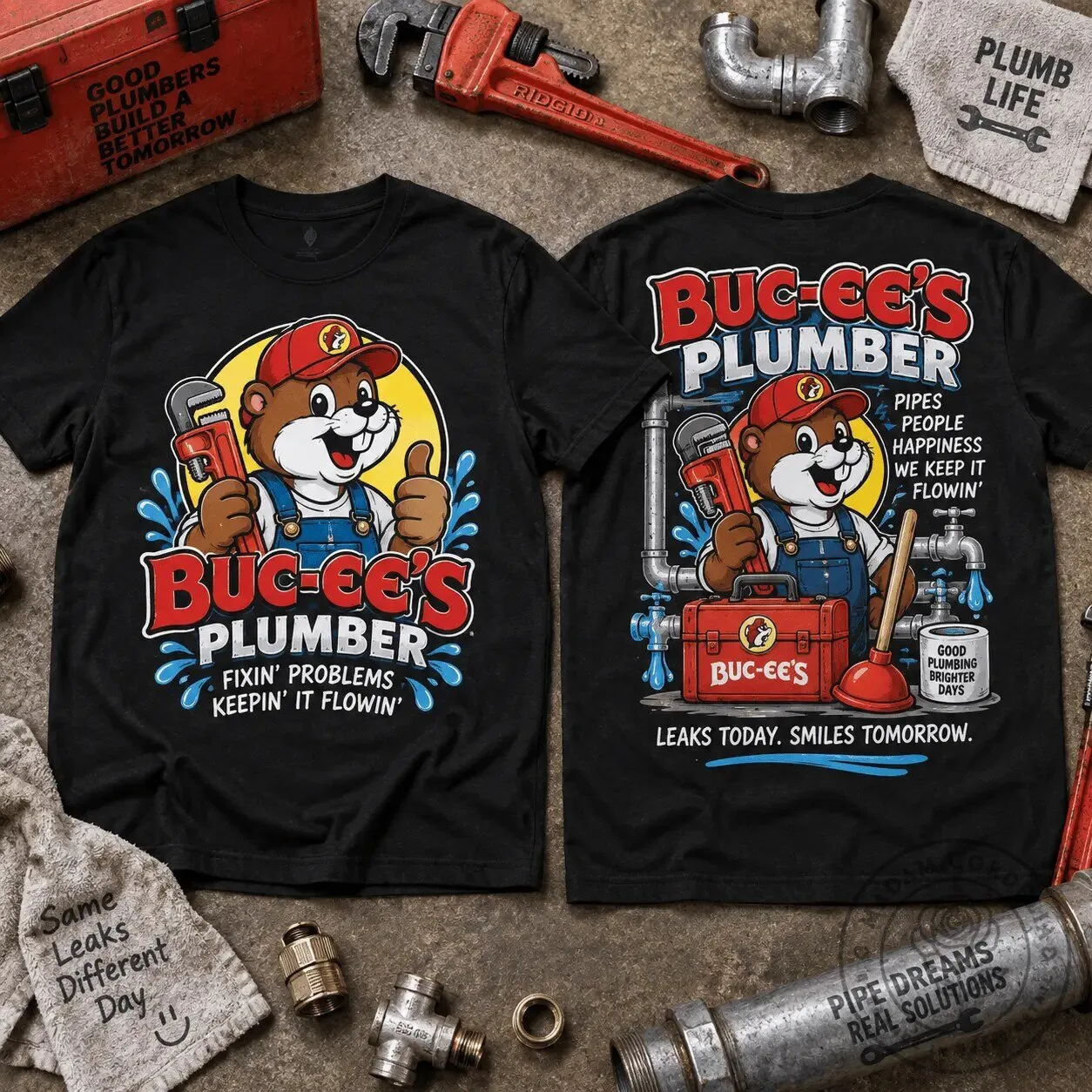 Buc-ee's Plumber Beaver Mascot Fixin' Problems Keepin' It Flowin' T-Shirt