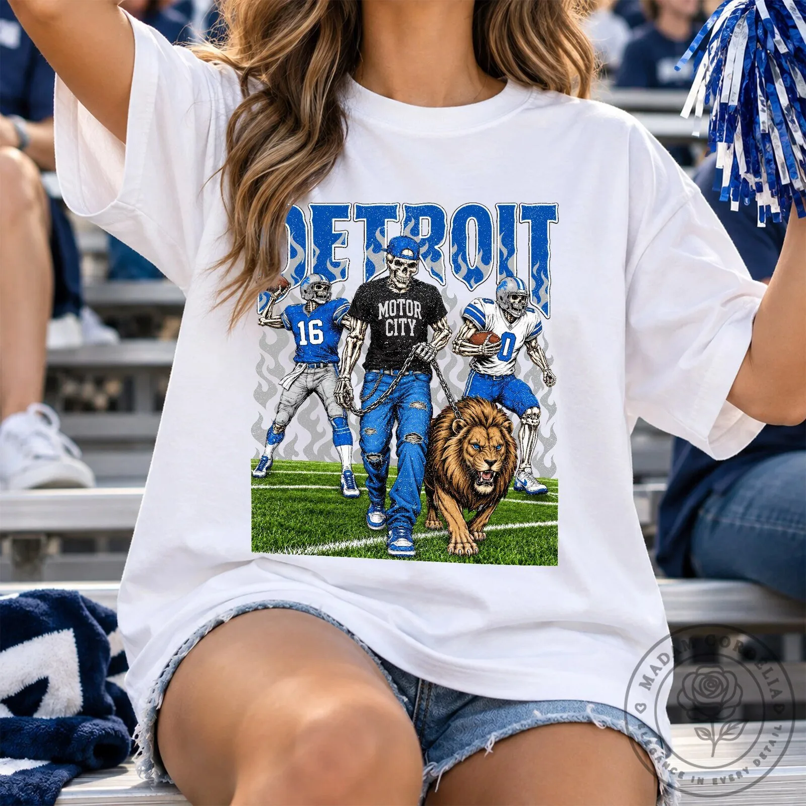 Detroit Motor City Football Skeleton and Lion Graphic T-Shirt