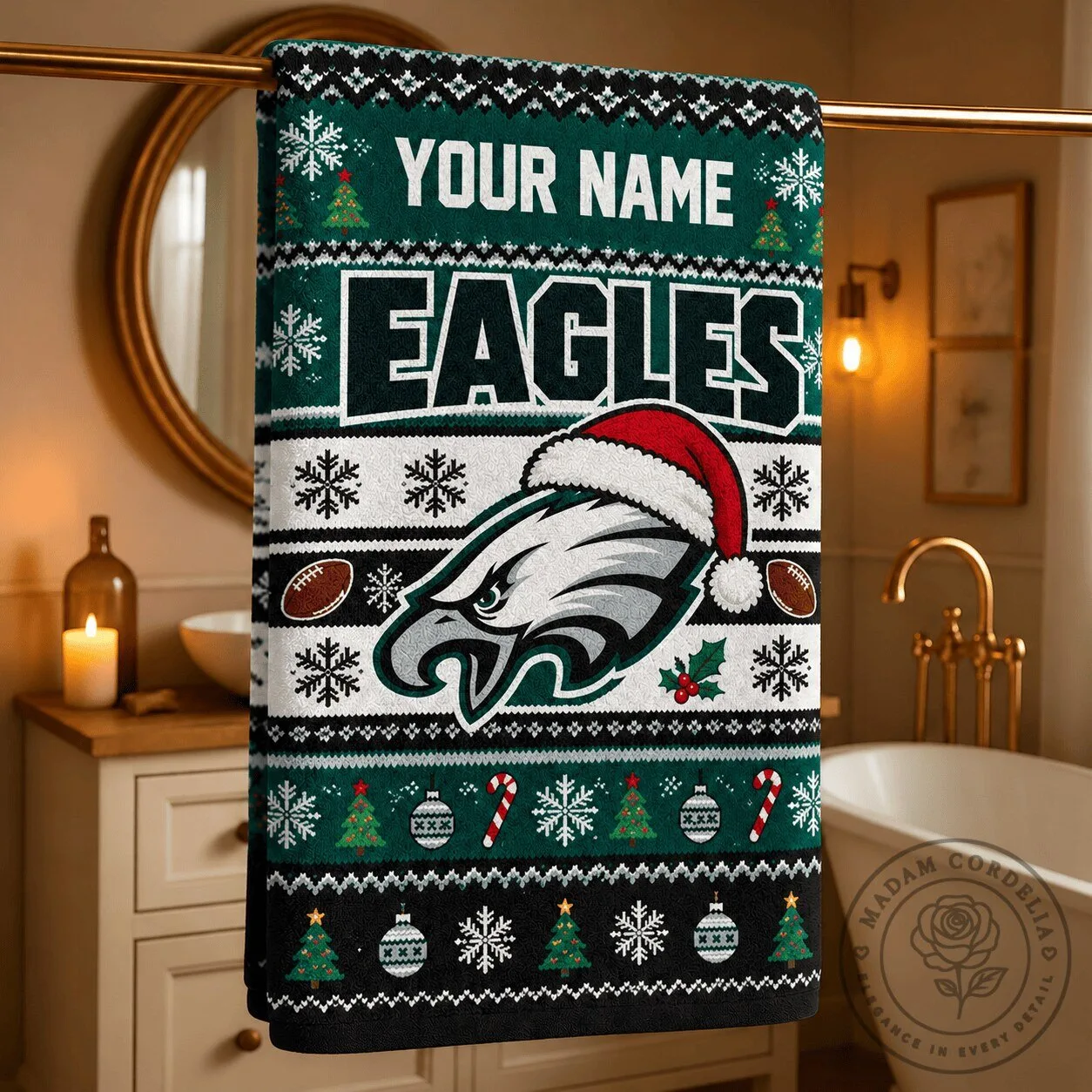 Personalized Bath Towel Featuring Ugly Christmas Sweater Style of Philadelphia Eagles