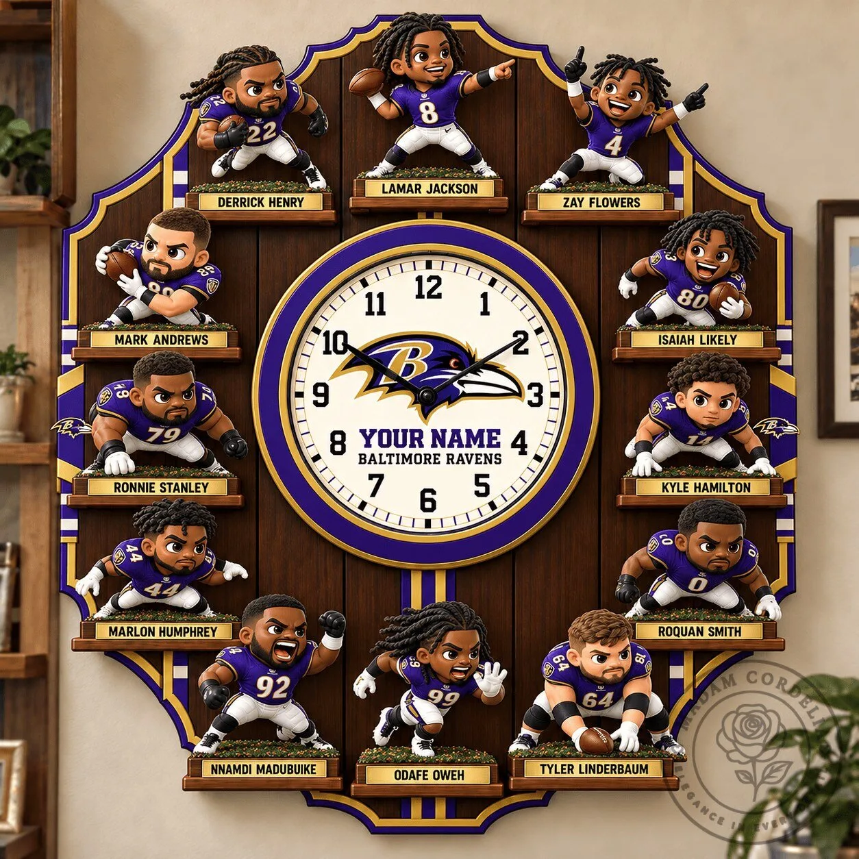 Baltimore Ravens NFL Football Team Player Caricature Wooden Wall Clock