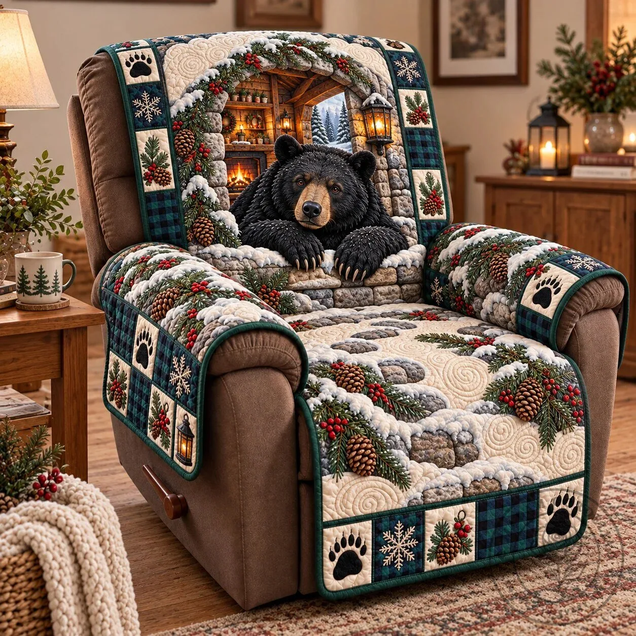 Winter Lodge Black Bear Quilted Recliner Cover with Pinecones and Snowflakes