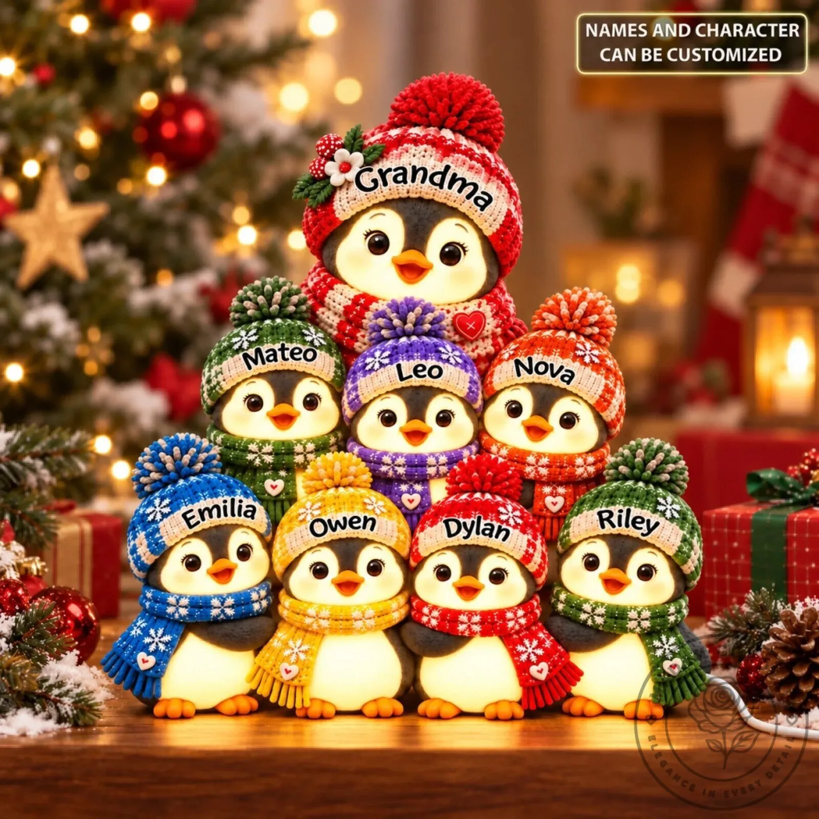Personalized Penguin Family Christmas Light Box for Grandma and Grandchildren