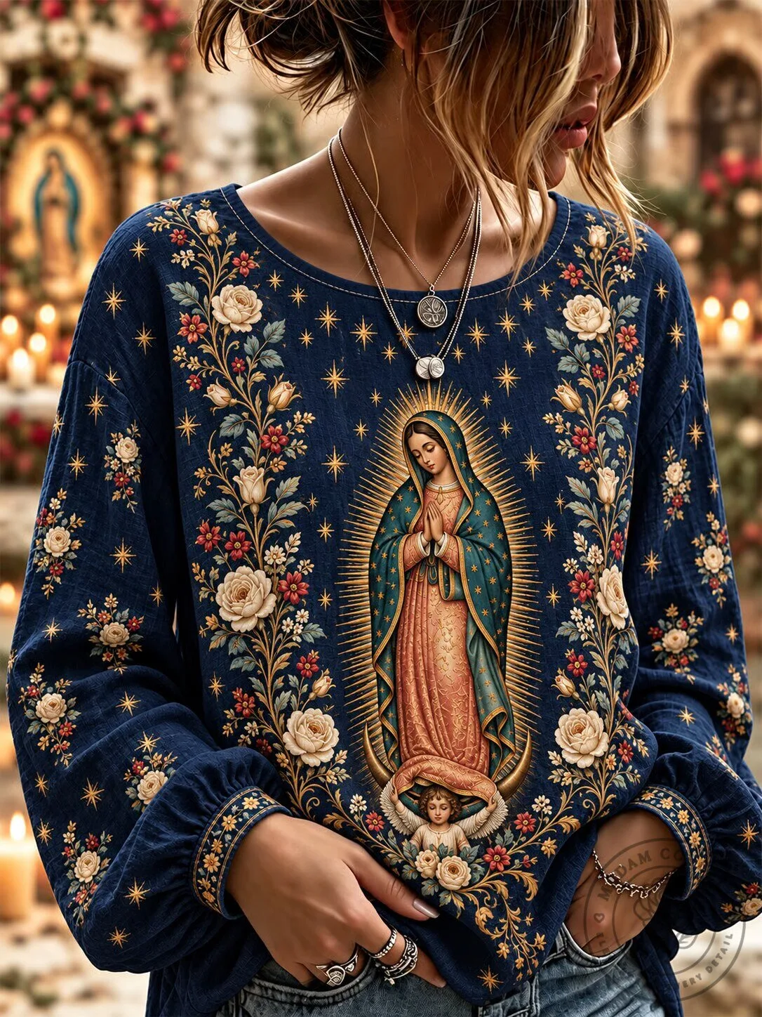 Floral Print Long Sleeve Top for Women Featuring Our Lady of Guadalupe