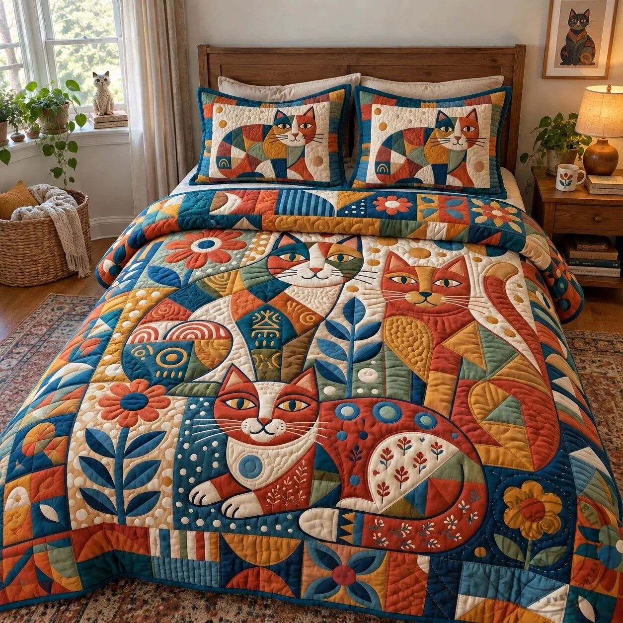Folk Art Cats Quilted Bedding Set with Colorful Floral Design