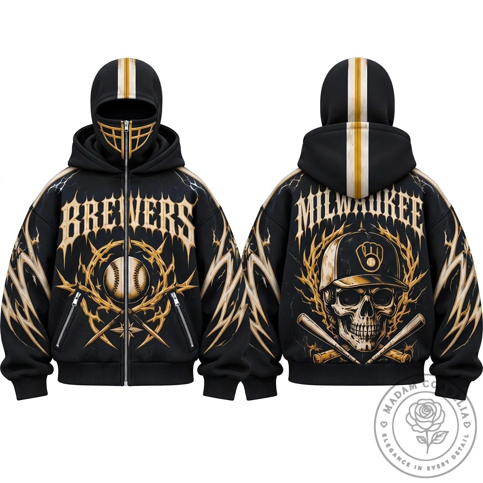 Milwaukee Brewers Gothic Skull Baseball Full-Zip Hoodie