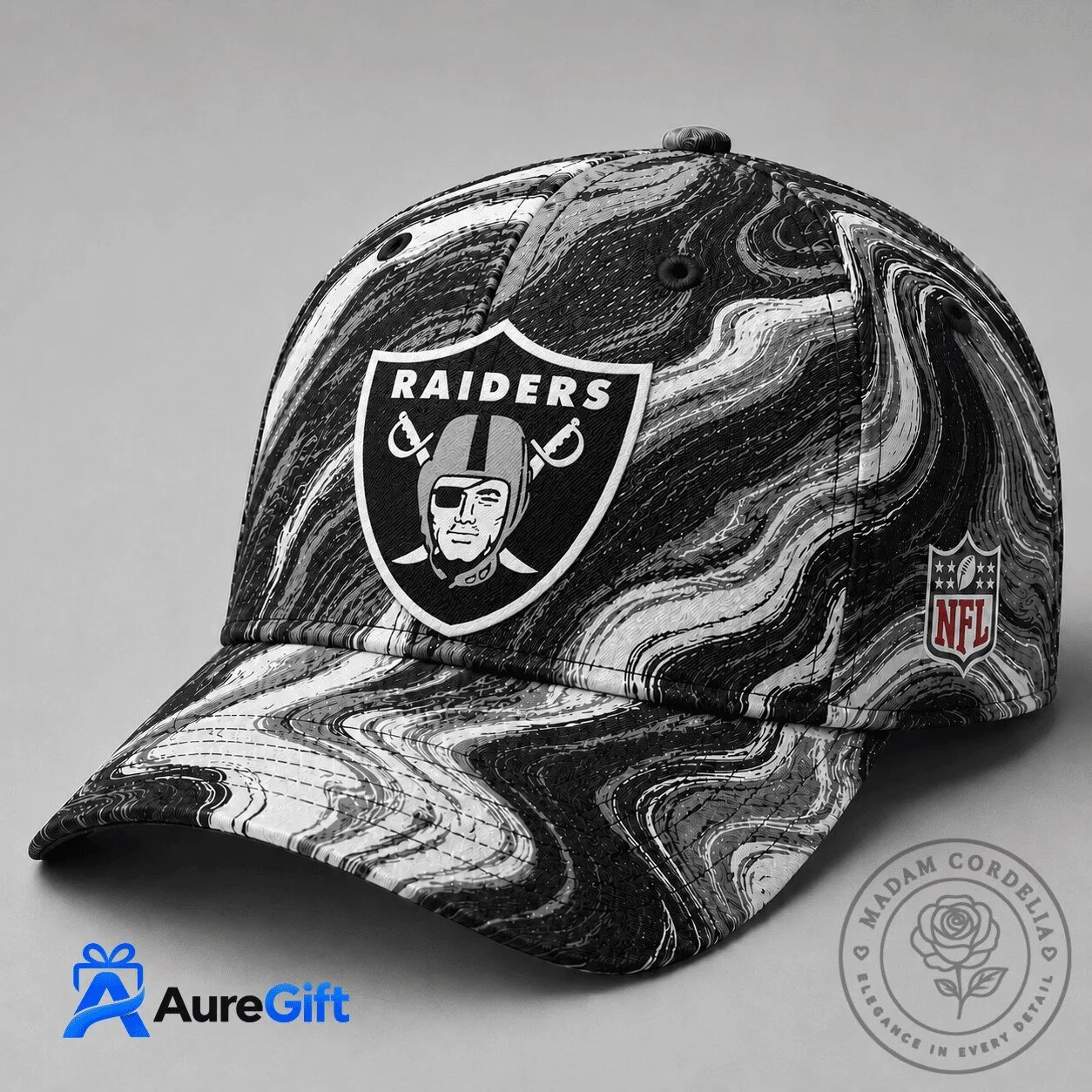 Las Vegas Raiders NFL Football Team Black Marble Pattern Cap Hat