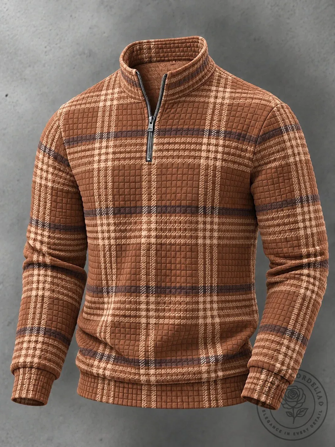 Men's Plaid Pattern Quarter-Zip Pullover Sweatshirt with Ribbed Cuffs and Hem