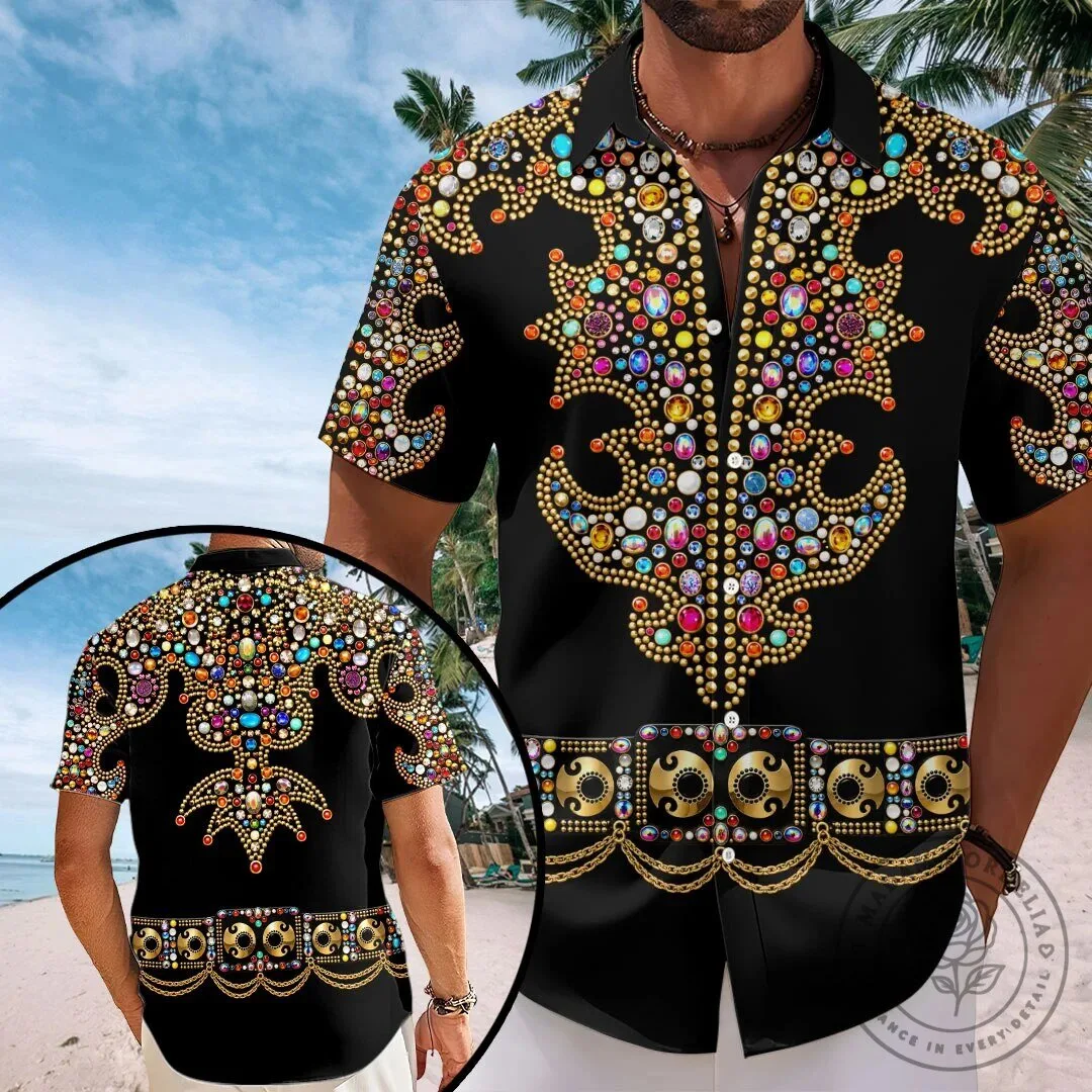 Elvis Presley Inspired Rhinestone Embellished Black Hawaiian Shirt